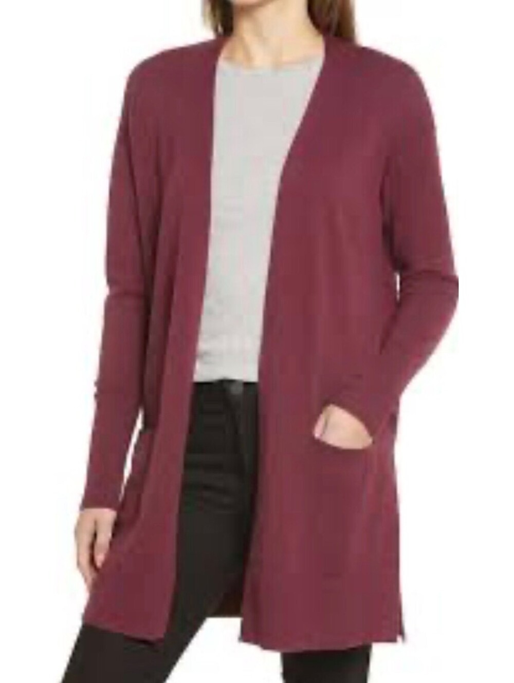 Women's Halogen Open Front Cashmere-wool Long Cardigan burgundy XSmall sweater